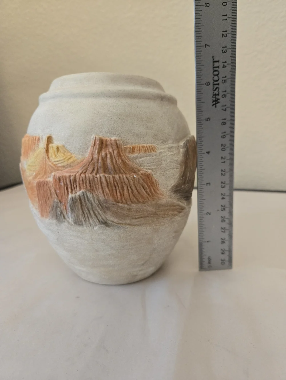 Southwestern Ceramic Vase Carved Pueblo Village Landscape Scene Matte Texture